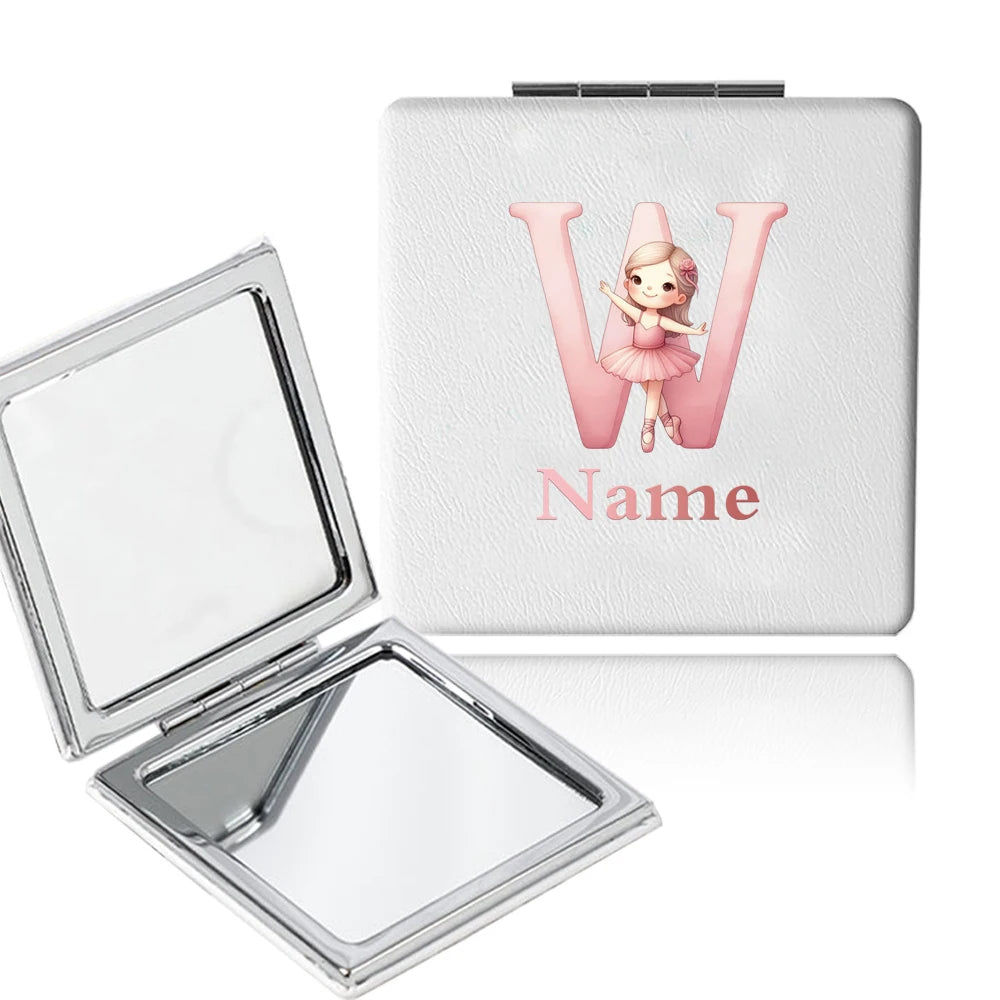 Customized Name PU Handheld Makeup Mirror Cover Dressing Double-Sided Portable Foldable Pocket Cosmetic Mirror