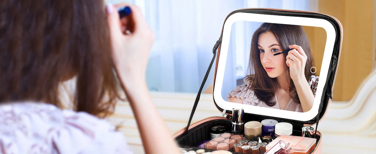 Makeup Bag with LED Mirror Travel Large Train Case Cosmetic Organizer Make Up Bags with 3 Color Lights and Adjustable Dividers