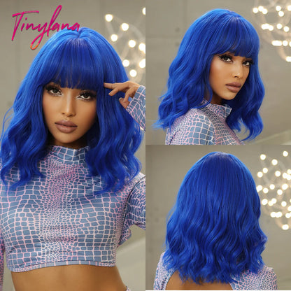 Curly Short Bob Brown Wavy Synthetic Wigs with Bangs Lolita Cosplay Brown Wig for Women Natural Daily Party Hair Heat Resistant