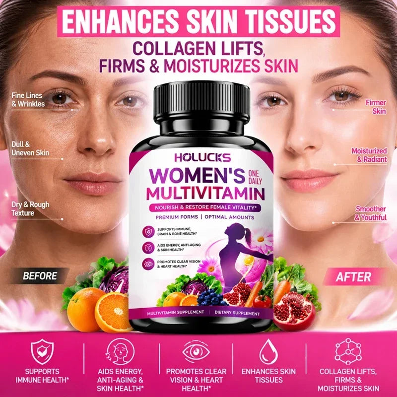 Women's Multivitamin Capsules, with Vitamin A C D3 E B- Calcium Zinc Collagen CoQ10, Support Energy, Bone, Anti-Aging & Vitality