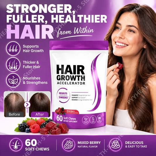 Biotin Hair Growth Soft Chews Supplement, Support Fuller Thicker Hair, Vitamin C & E for Healthy Hair Nourishment, 60 Gummy