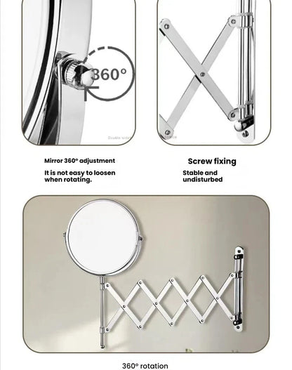 Stretchable Portable Hotel Bathroom Magnifying Makeup Mirror, Telescopic Folding Mirror, Self-Hanging Wall-Attached Double-Sided