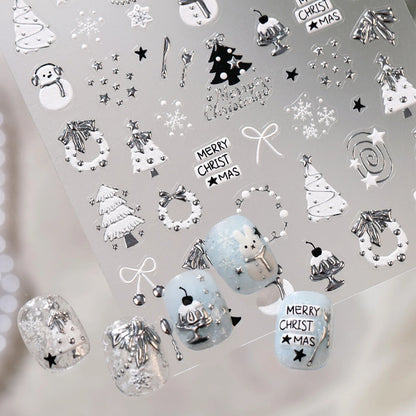 Cute Winter Cartoon Christmas Tree 5D Nail Sticker Snowman Rabbit Bow Pearl Wreath Cake Snowflake Star Self‑Adhesive Nail Decal