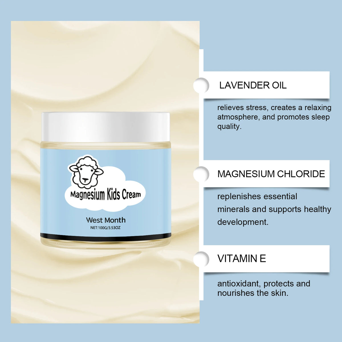 Kids Magnesium Sleep Cream with Lanolin, Soothing & Moisturizing Body Lotion, Lightweight Bedtime Skin Care