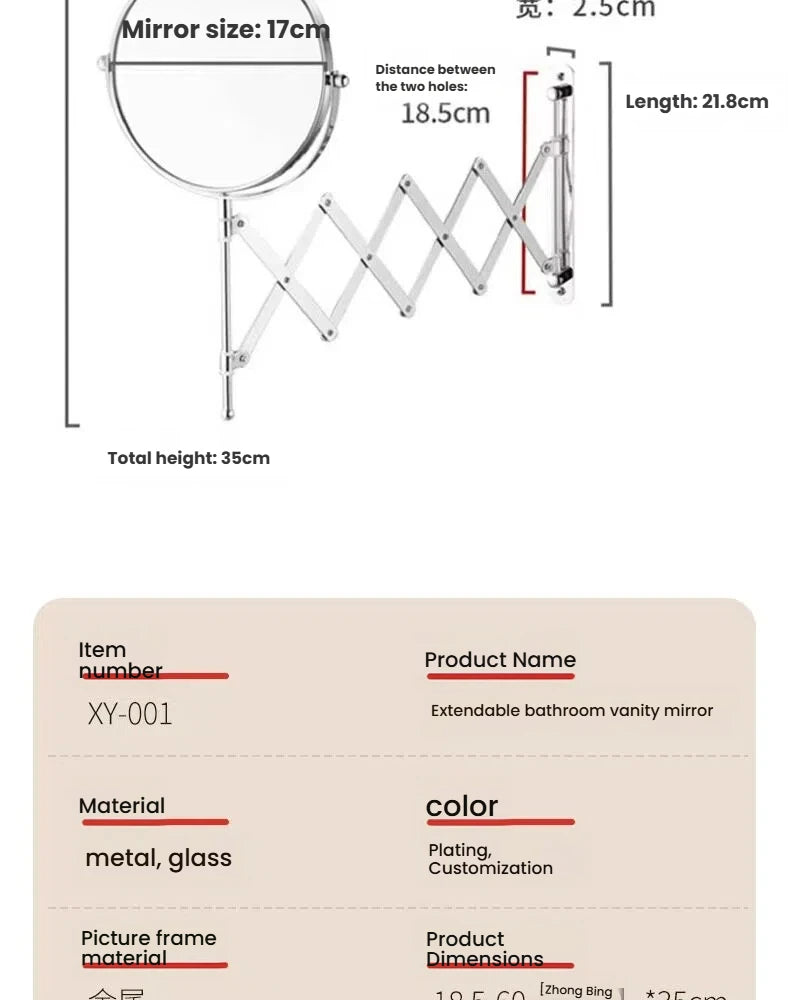 Stretchable Portable Hotel Bathroom Magnifying Makeup Mirror, Telescopic Folding Mirror, Self-Hanging Wall-Attached Double-Sided