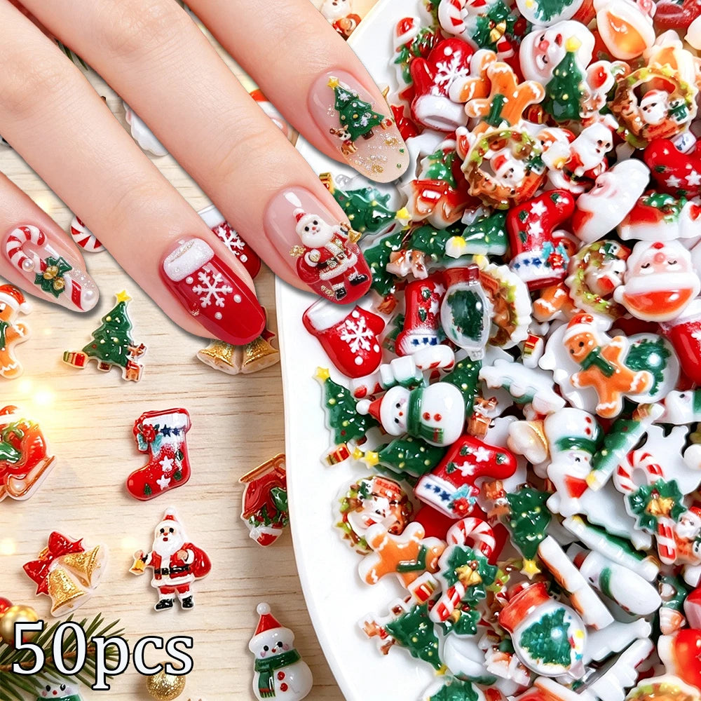 50pcs Mixed Kawaii Resin Christmas Nail Charms Xmas Santa Tree Sock Elk Bell Candy Cane Nail Ornament Flatback Nail Accessories