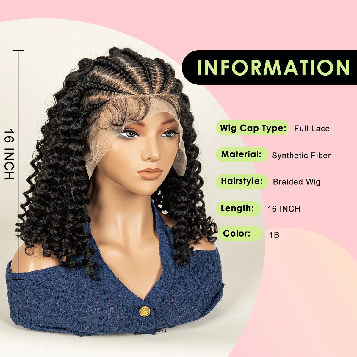 Cornrow Braided Curly Hair Wig Deep Wave Synthetic Hair Wigs with Baby Transparent 13x6 Lace Frontal 16in Hair Fits Black Women