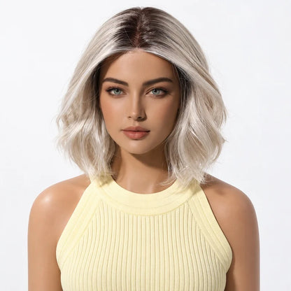 MONO Glueless Bob Wig for Women Ash Brown Highlight Synthetic Hair Middle Part Natural Scalp Lightweight Breathable