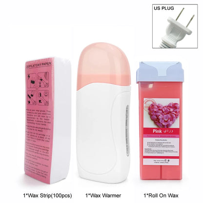 Women Home Hair Removal Kit Roll on Wax Warmer Honey Roller Wax Cartridge 100Pcs Depilatory Wax Strips Body Leg Arm Waxing Set