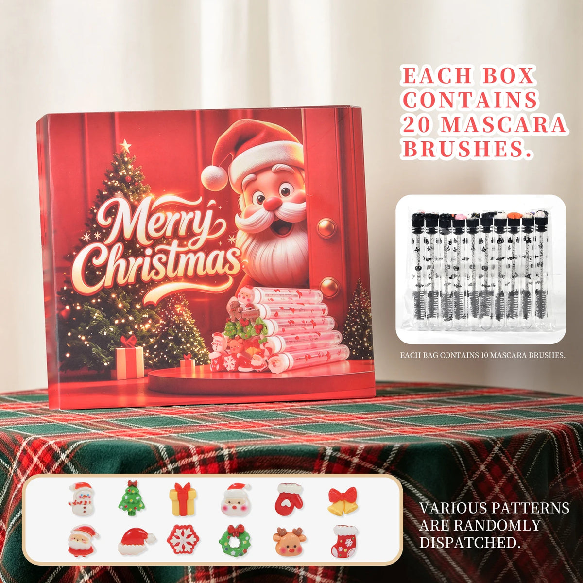 20-Pack Christmas Eyelash Brushes Featuring a Santa Snowflake Design Eyebrow Comb Makeup Applicator Includes Luxury Holiday Box