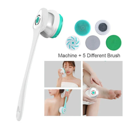 5 in 1 Electric Shower Cleaning Brush Set Rechargeable Long Handle Silicone Back Rubbing Brush for Bath Body Cleaning & Massage