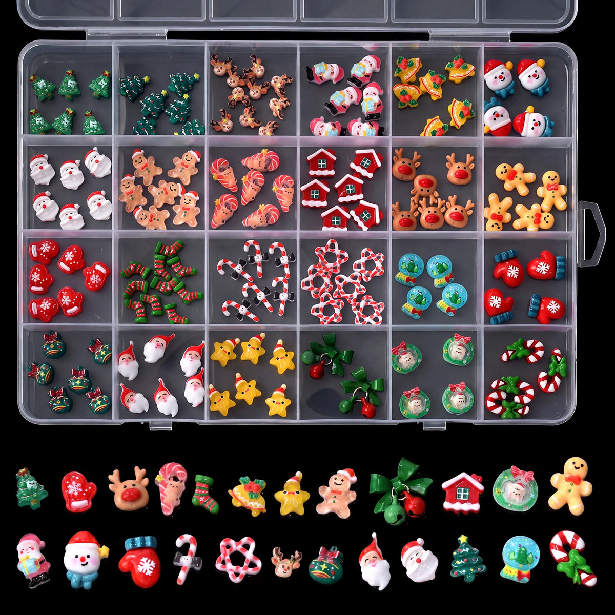 24grid 3D Kawaii Santa Claus/Snowman/Elk/Gloves/Bell/Candy/Christmas Tree Nail Charms Flatback Resin Xmas Winter Nail Rhinestone