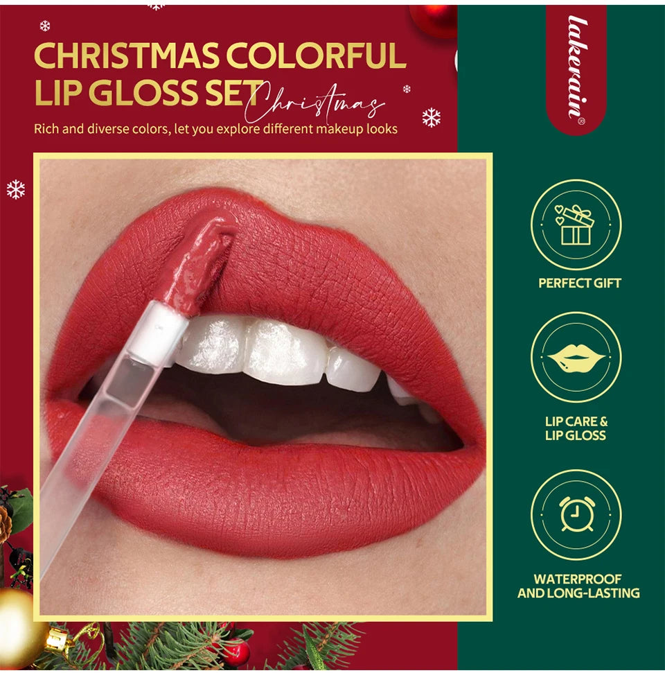 Christmas Lip Gloss Set Waterproof Long-Lasting Moisturizing Lip Skincare Lip Glaze Set Ideal Festive Holiday Christmas Gift
