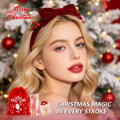 Christmas Limited 2‑in‑1 Lip Gift Set Strawberry Cake Mousse Matte Lip Mud Santa Red Velvet Pouch Lip Balm Lip Oil 7 Shades