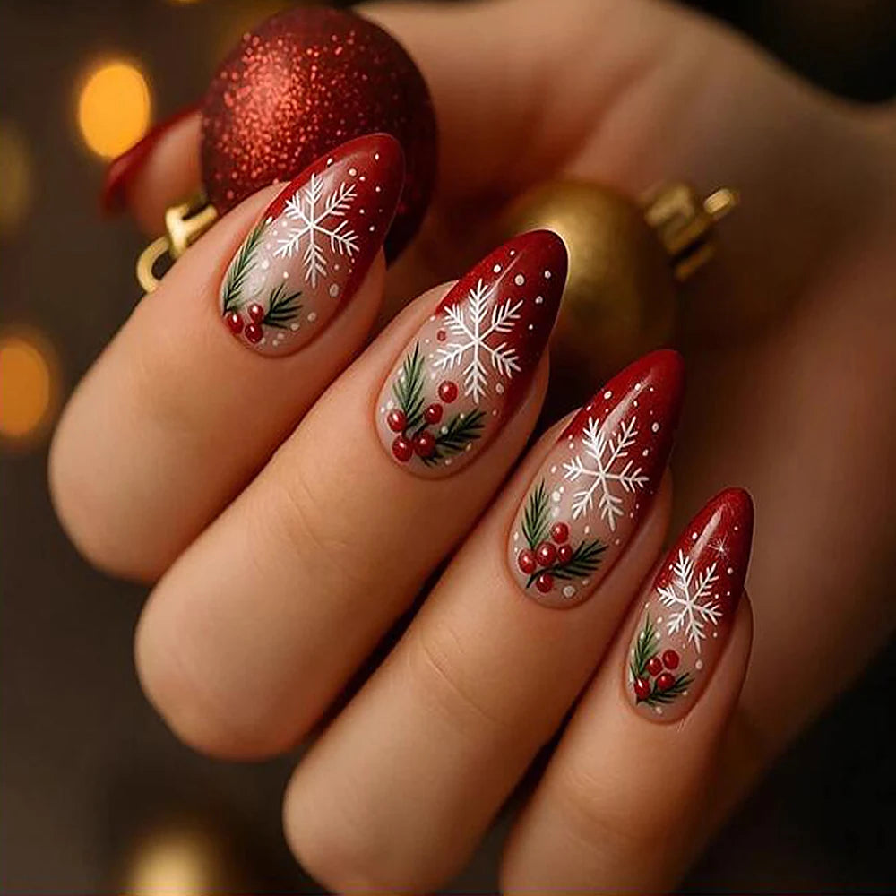 24Pcs Red Christmas Fake Nails Cute Santa Claus Reindeer & Snowflake Designs Artificial Nails Glossy Short Oval Press On Nails