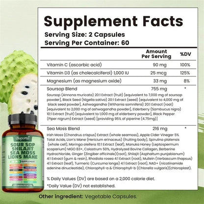 24-In-1 Soursop Supplement - Rich in Antioxidants, Promotes Skin, Joint and Bone Health, and Boosts Immune Function, Vegetarian