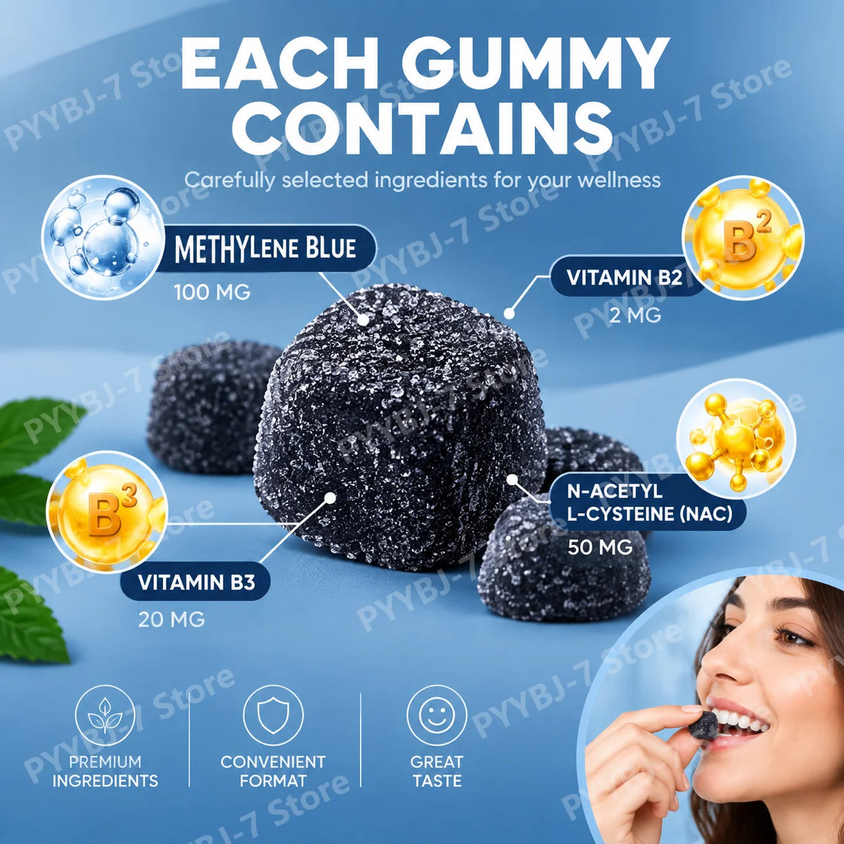 Methylene Blue Gummies with PQQ NAC Vitamin B2 & B3, Supports Cognitive Clarity & Cellular Energy Brain Nutrient for Adults 30Ct