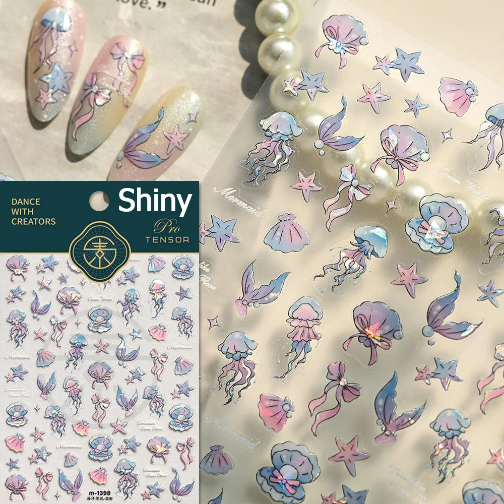 Gold Stamped Shell Conch Scallop Starfish Pearl 5D Embossed Self Adhesive Nail Art Stickers Delicate Ocean Style Manicure Decals