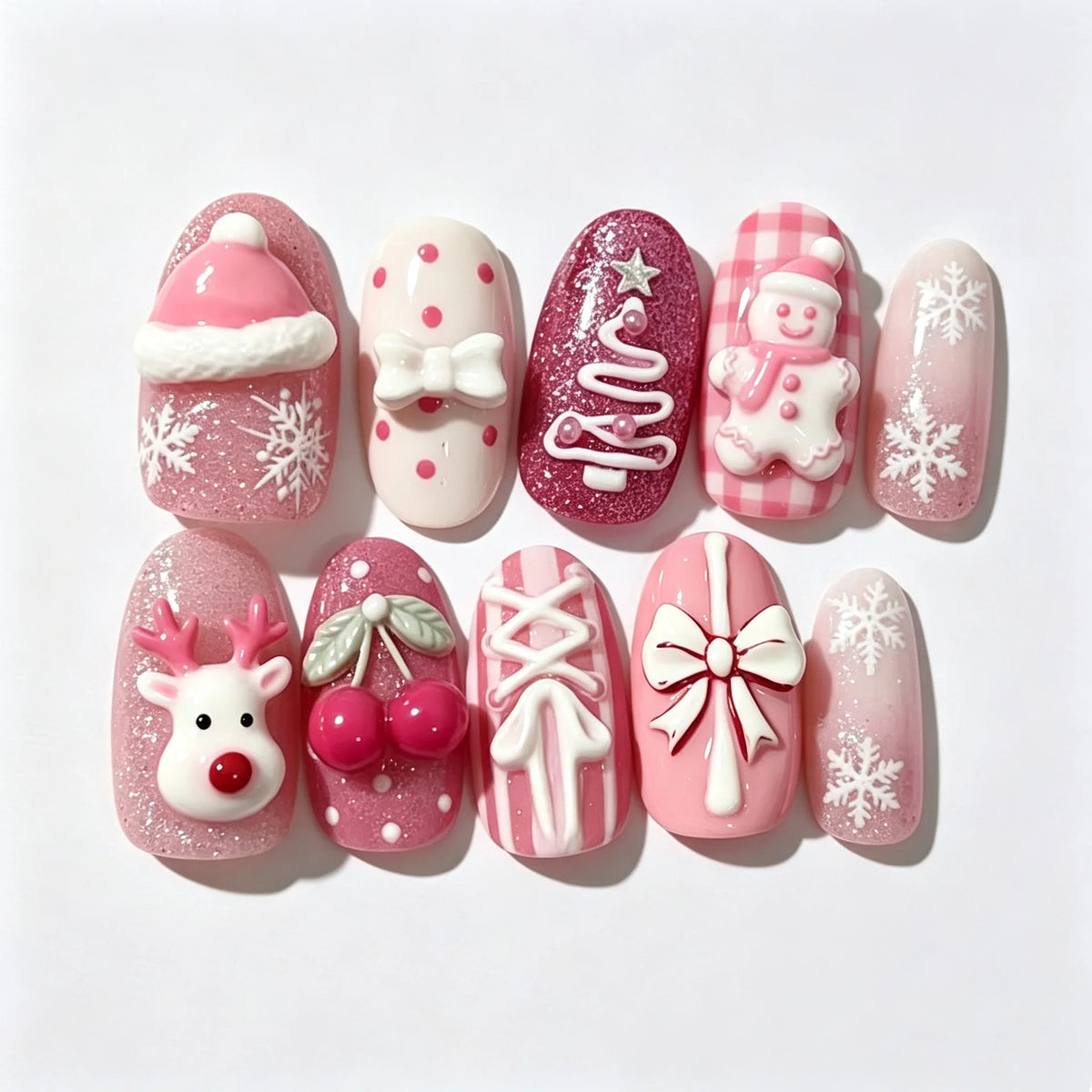 24Pcs Christmas Pink Flower Press on Nails Snowman Christmas Tree Detachable Full Cover Nail Gilded Bow Elk Gift Stick on Nails