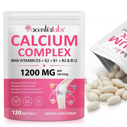 Calcium 1200mg D3 K2 B12 Softgels for Bone Strength, Teeth, Muscle, Heart & Immune Health, Gluten Free & Non-GMO, 120 Softgels