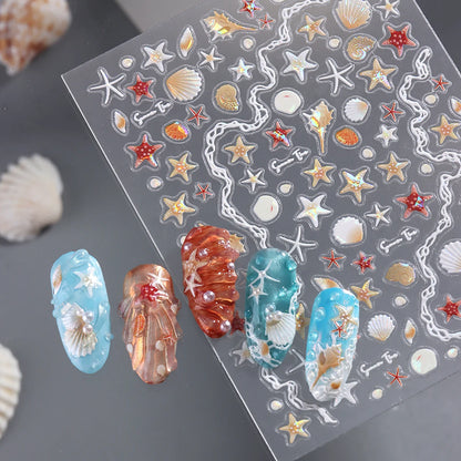 Ocean Aurora Embossed Seashell Nail Stickers - Summer Dreamy Seashell Glow Starfish Seashell Embossed Nail Stickers