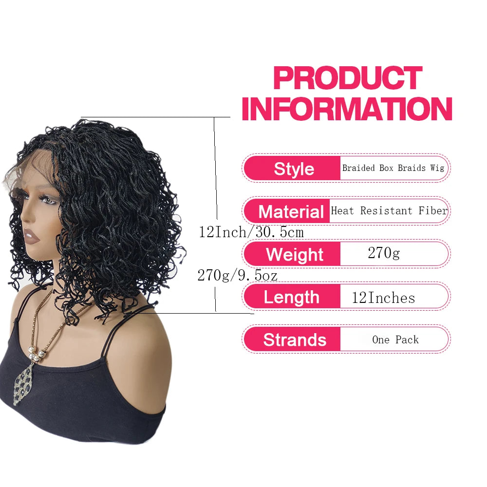 12Inches Synthetic Lace Front Braided Wig Short Bob Braids Handmade Micro Cornrow Braid Knotless Box Braid Curly Wigs