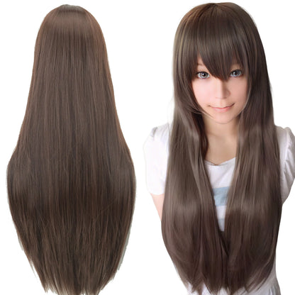 80cm Straight Synthetic Cosplay Wig White Purple Green Silver Pink Lolita Hairpiece with Bangs Long Wigs