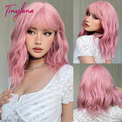 Curly Short Bob Brown Wavy Synthetic Wigs with Bangs Lolita Cosplay Brown Wig for Women Natural Daily Party Hair Heat Resistant