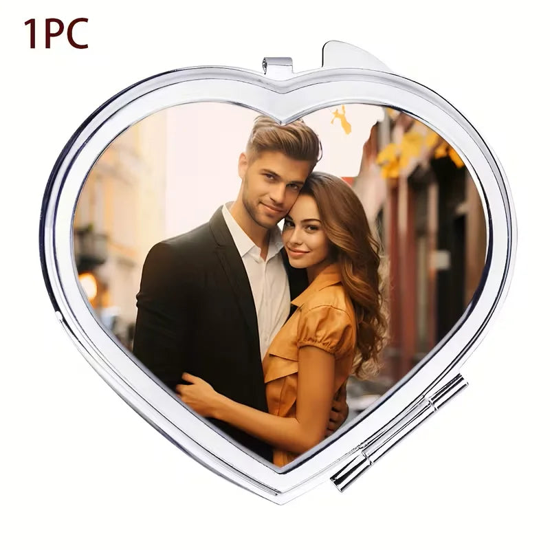 Custom Heart-Shaped Photo Makeup Mirror - Double-Sided Portable Folding Magnifier, Personalized Gift for Wife/Mom/Girlfriend