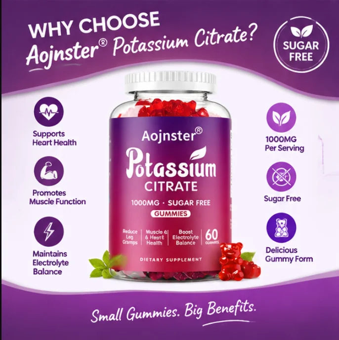 Aojnster Potassium Citrate Gummies 1000mg, Sugar Free Electrolyte Balance Support, 60 Gummy Bears