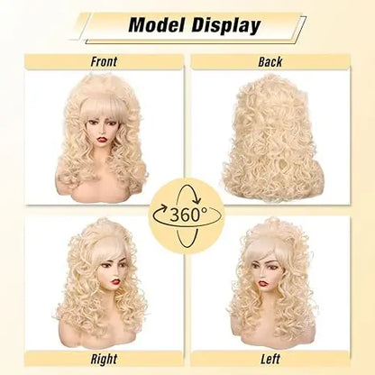 80s Long Curly Vintage Cosplay Wig with Bang for Women 60 70s Queen Synthetic Hair Wigs for Halloween Party