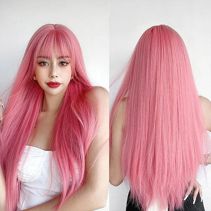 Long Straight Light Blonde Wig for Women Daily Party Highlight Brown Synthetic Layered Hair Wigs with Bangs Halloween Cosplay