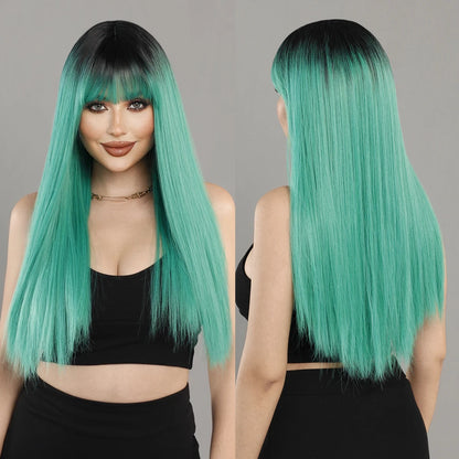 Long Straight Light Blonde Wig for Women Daily Party Highlight Brown Synthetic Layered Hair Wigs with Bangs Halloween Cosplay