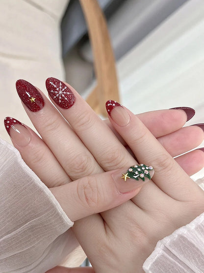 Handmade Short Almond Press On Nails Red Glitter Christmas False Nails Rhinestone Christmas Tree Snowflake Design Reusable 10Pcs