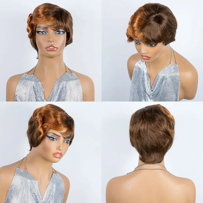 Afro Fluffy Curly Human Hair Wigs Pixie Cut Wig Coffee Brown 100%Human Hair Wig Short Kinky Curly Human Hair Full Machine Wig
