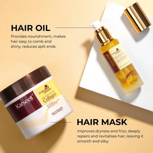 Karseell Hair Mask 500ml + Argan Oil 2pcs Set Deep Repair Conditioning Hair Serum Collagen Hair Treatment for Dry Damaged Hair