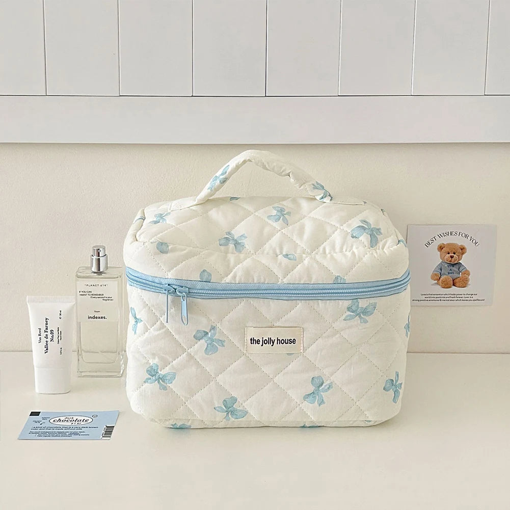 Cute Bow Flower Quilting Cotton Makeup Bag Women Zipper Cosmetic Organizer Female Cloth Handbag Portable Toiletry Case for Girls