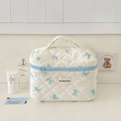 Cute Bow Flower Quilting Cotton Makeup Bag Women Zipper Cosmetic Organizer Female Cloth Handbag Portable Toiletry Case for Girls
