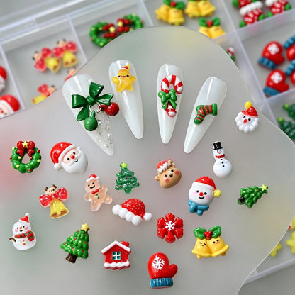 12grid 3D Kawaii Christmas Nail Charms Cute Santa Claus Snowman Bell Stocking Elk Wreath Nail Gems Resin Xmas Manicure Carft D2$