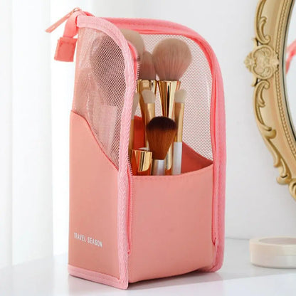 2 in 1 Standing Makeup Brush Bag Portable Travel Cosmetic Case Multi Slot Mesh Lipstick Eyebrow Pencil Holder Organizer Pouch