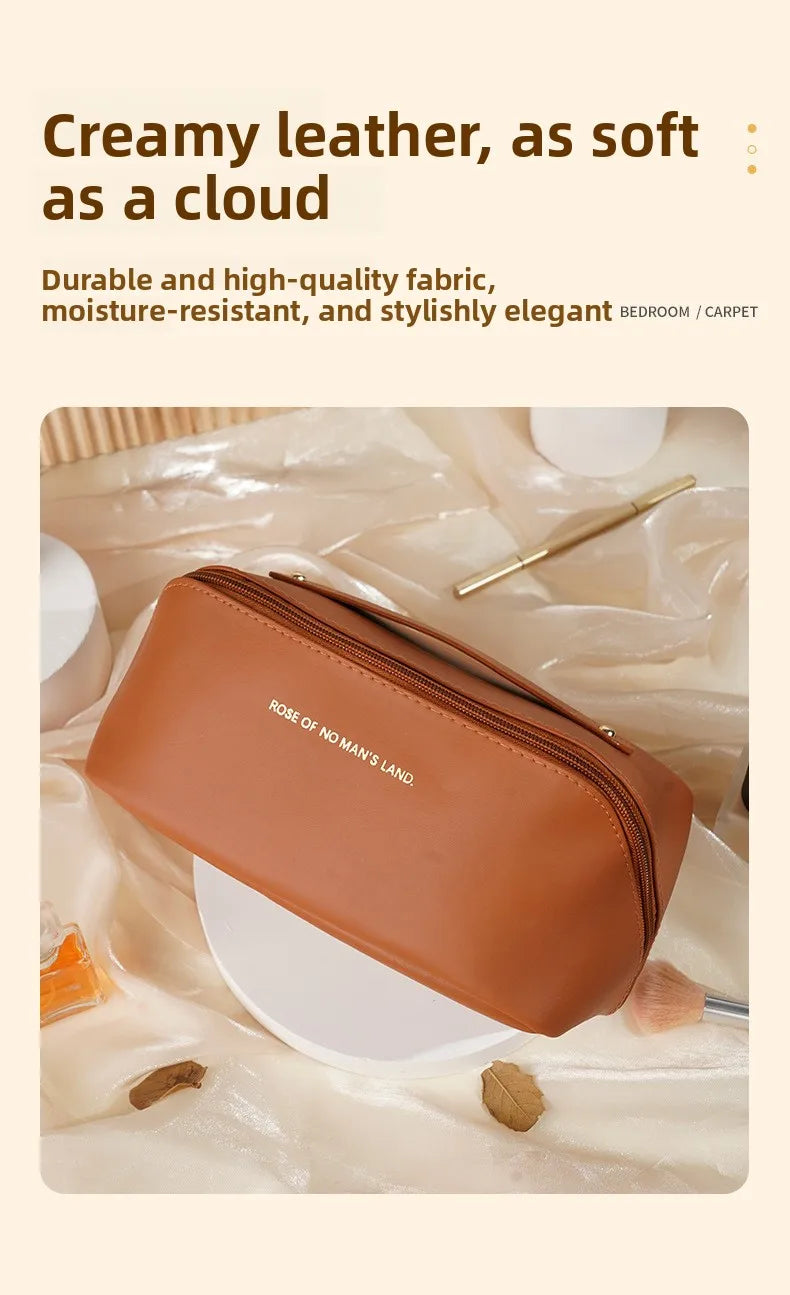 Women Travel Makeup Bag PU Cosmetic Organizer Large Capacity Toiletry Bag Wide Opening Portable Wash Bag