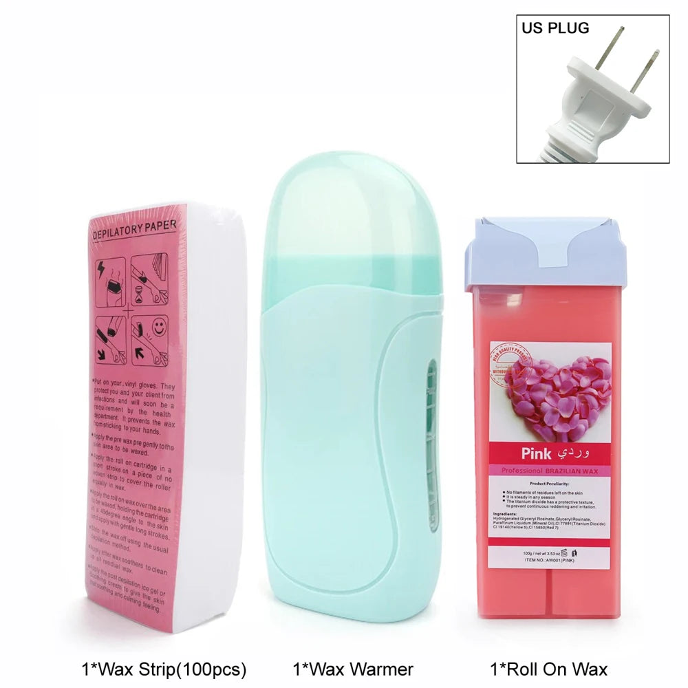 Women Home Hair Removal Kit Roll on Wax Warmer Honey Roller Wax Cartridge 100Pcs Depilatory Wax Strips Body Leg Arm Waxing Set