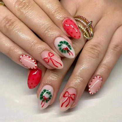 24PCS Christmas Red Almond Press on Nails Sweet 3D Gingerbread Man Xmas Tree Snowflake Design False Nails Wearable Acrylic Nails