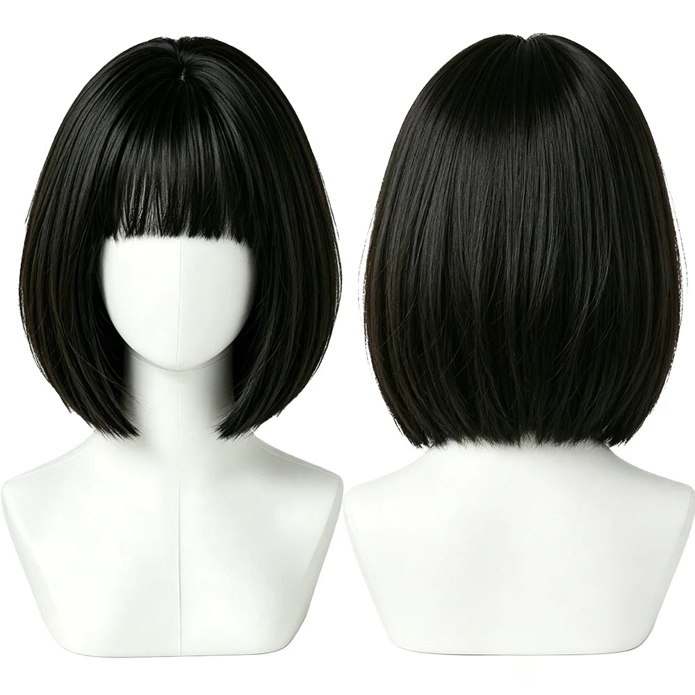 Natural Black Brown Bob Wigs Short Straight with Blunt Bangs Soft Synthetic Hair Heat Resistant For Women Cosplay Daily Wear