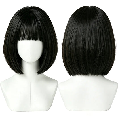 Natural Black Brown Bob Wigs Short Straight with Blunt Bangs Soft Synthetic Hair Heat Resistant For Women Cosplay Daily Wear