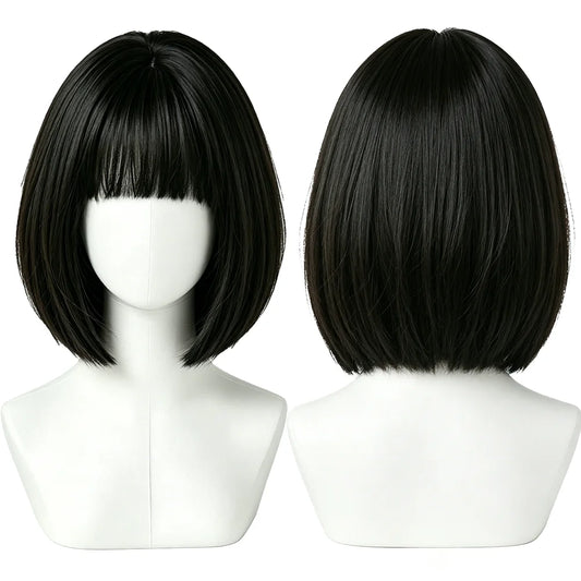 Natural Black Brown Bob Wigs Short Straight with Blunt Bangs Soft Synthetic Hair Heat Resistant For Women Cosplay Daily Wear