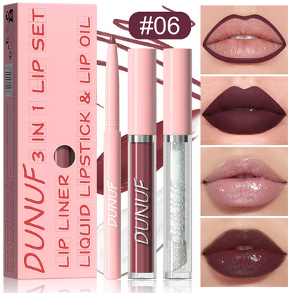 Matte Lip Liner Lip Gloss Lip Oil Set, 3-in-1 Waterproof Non-sticky Long-Lasting Lipstick, Nude Deep Red Mauve, Christmas Makeup