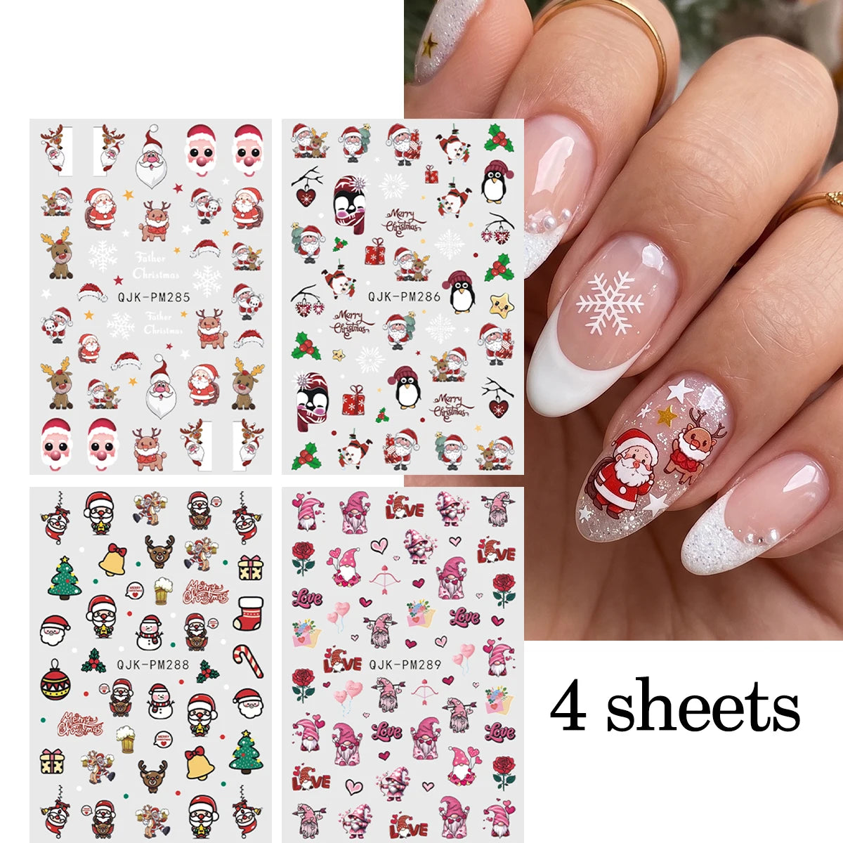 4pcs Cartoon Christmas Nail Art Stickers 3D Santa Penguin Star Reindeer Snowflake Nail Decals, DIY Nail Decorations Y2K Style