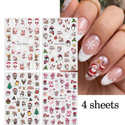 4pcs Cartoon Christmas Nail Art Stickers 3D Santa Penguin Star Reindeer Snowflake Nail Decals, DIY Nail Decorations Y2K Style