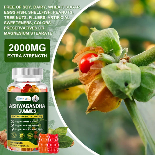 2000mg Pure Ashwagandha Root Extract Gummies for Natural Mood, Stress, Focus, Sleep Health Support Active Brain